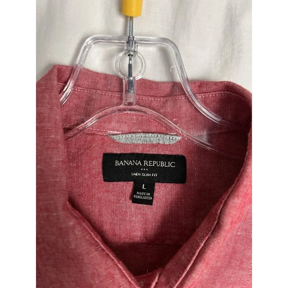 Banana Republic mens Red short sleeve linen slim‎ fit button Front shirt Size L
